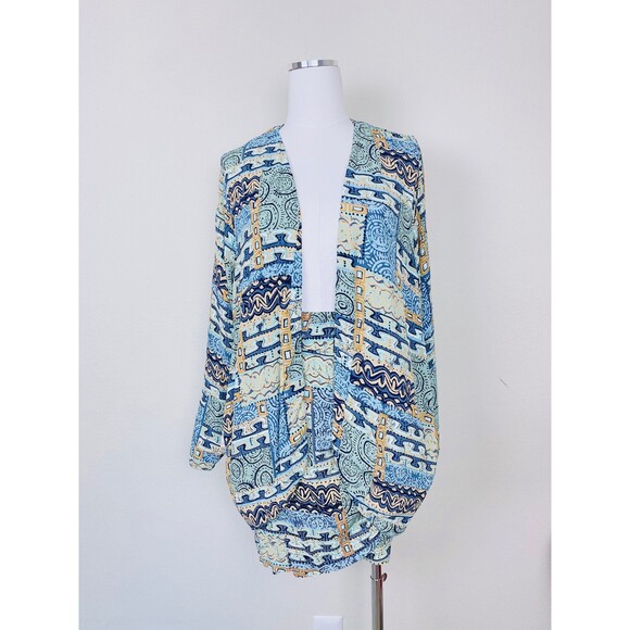 1990s Vintage Blue Southwestern Sarong Skirt Set / 90s Rayon Cocoon Jacket 10 - Picture 3 of 10